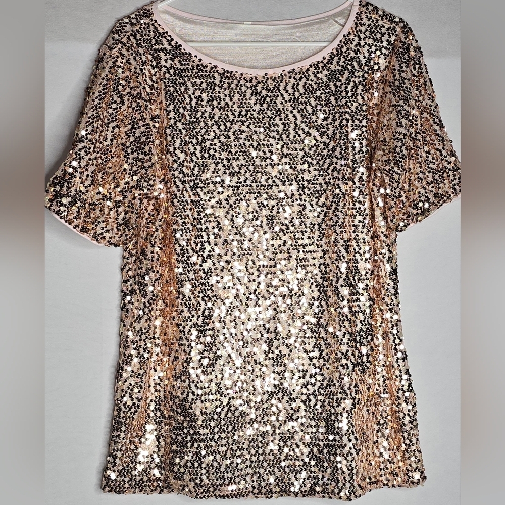 Pink Rose Gold Sequin Short Sleeve Top Size Extra Large
